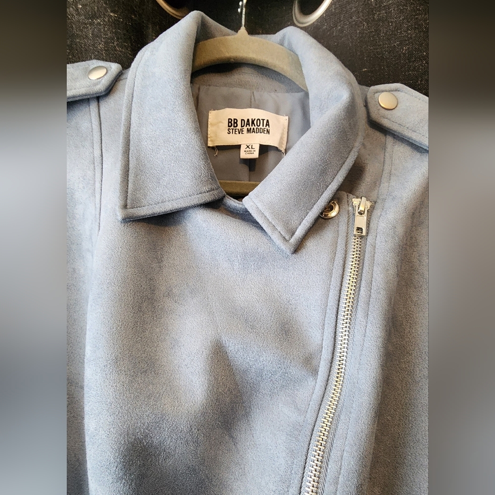 BB Dakota x Steve Madden Faux Suede Moto Jacket Women’s XL Light Blue Zip Front - Picture 4 of 8